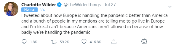 . @TheWilderThings's tweet received 1.8k replies, 58.1k retweets, and 416.5k likes. The analyzer was able to classify 1599 accounts. 78% of the accounts replying to her tweet were classified as normal, and only 8% of the accounts were created in 2020. The activity was normal...