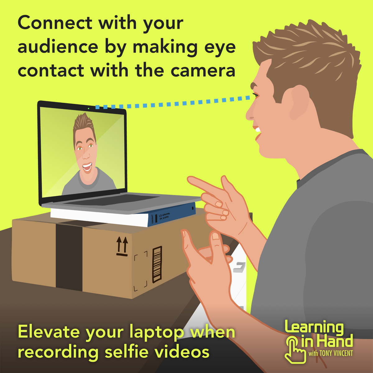 📦 The next time you’re recording a selfie video with your laptop, consider elevating it to raise its camera to your eye level. This gives your audience the view that they would see if they were standing or sitting across from you. #ClassyVideos