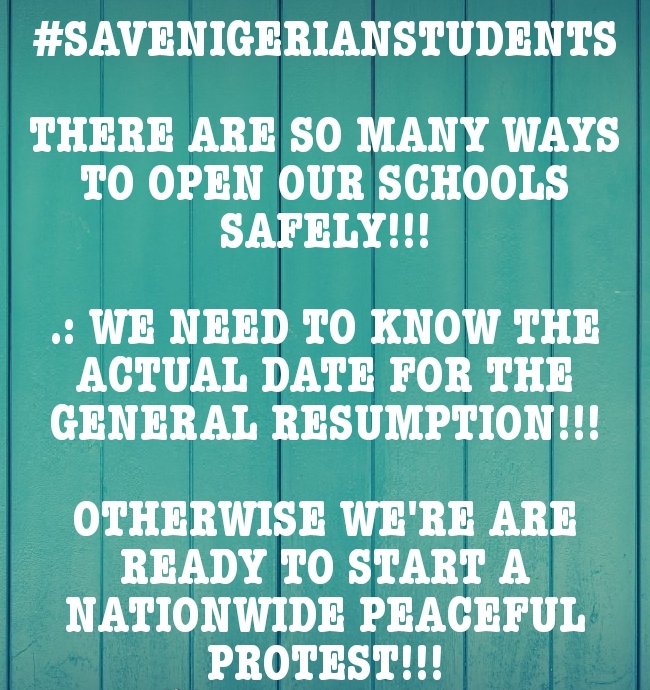 SaveNigeriasSt1's tweet photo. #SAVENIGERIANSTUDENTS

FORWARD EVER!!!
BACKWARD NEVER!!!

OUR SCHOOLS MUST BE REOPENED COMPLETELY NOT PARTIALLY!!! https://t.co/inKQfIzM28