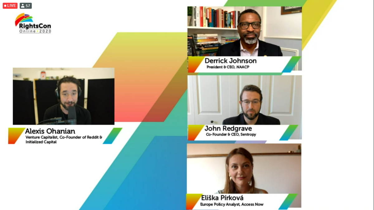 erkishum's tweet photo. #RightsCon chat facilitated by @alexisohanian of @reddit: @DerrickNAACP, CEO @NAACP, says companies must be good corporate citizens; @jredgraves, CEO @sentropy, speaks on #URLtoIRL & hate normalization; & @EPirkova, Policy Analyst @accessnow, stresses empowering small communities https://t.co/8JeKJoar2n
