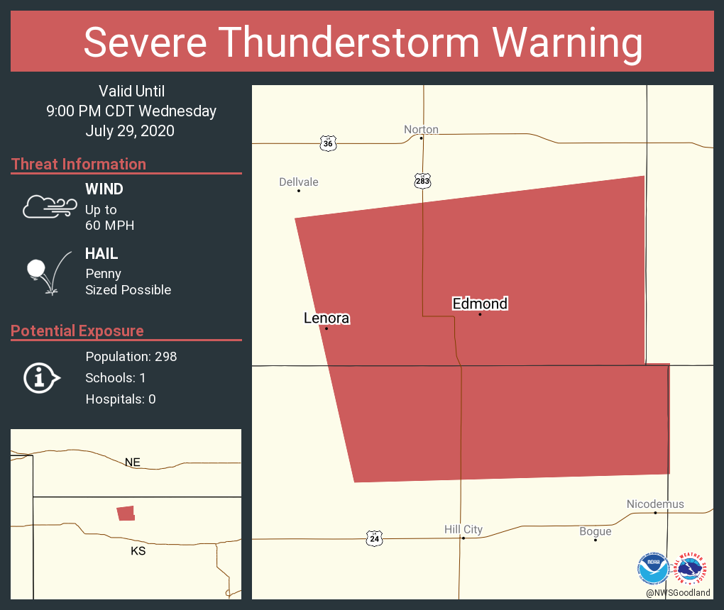 Severe Thunderstorm Warning continues for Lenora KS, Edmond KS