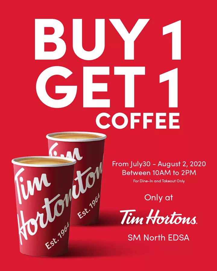 lawrencium03's tweet image. Love, love me brew ☕ We have a buy 1 get 1 coffee treat at the newly opened Tim Hortons restaurant in SM North EDSA from July 30-August 2! Available from 10am-2pm only for dine-in and takeout. #timhortonsph