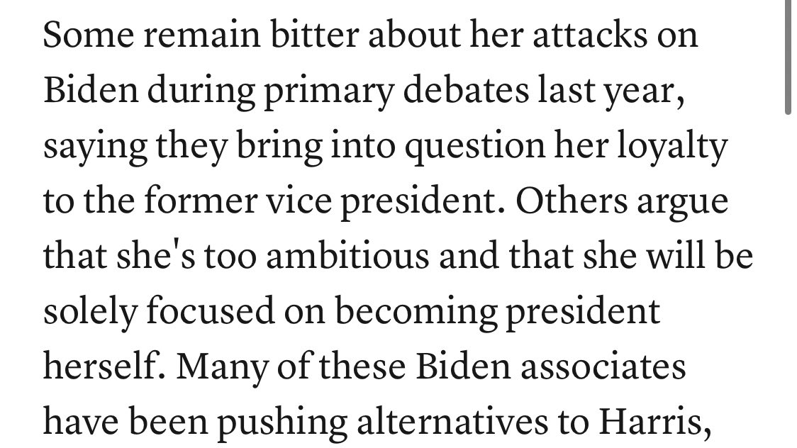 But when it comes to Kamala Harris, CNBC reported today that some establishment Dems are trying to derail her bid, with some arguing she is "too ambitious."Suddenly, the thing that was a plus for a young white man is a negative for a black woman. 6/