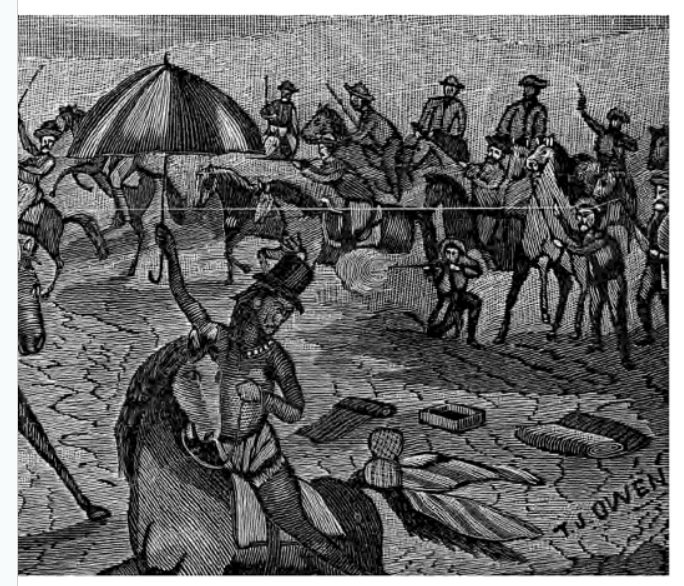 As for the top hatted man with the parasol, in the 1890 book Indian Depredations in Texas by J. W. Wilbarger there is this woodcut by TJ Owen, a pseudonym for William Sydney Porter, more famously known as O. Henry...