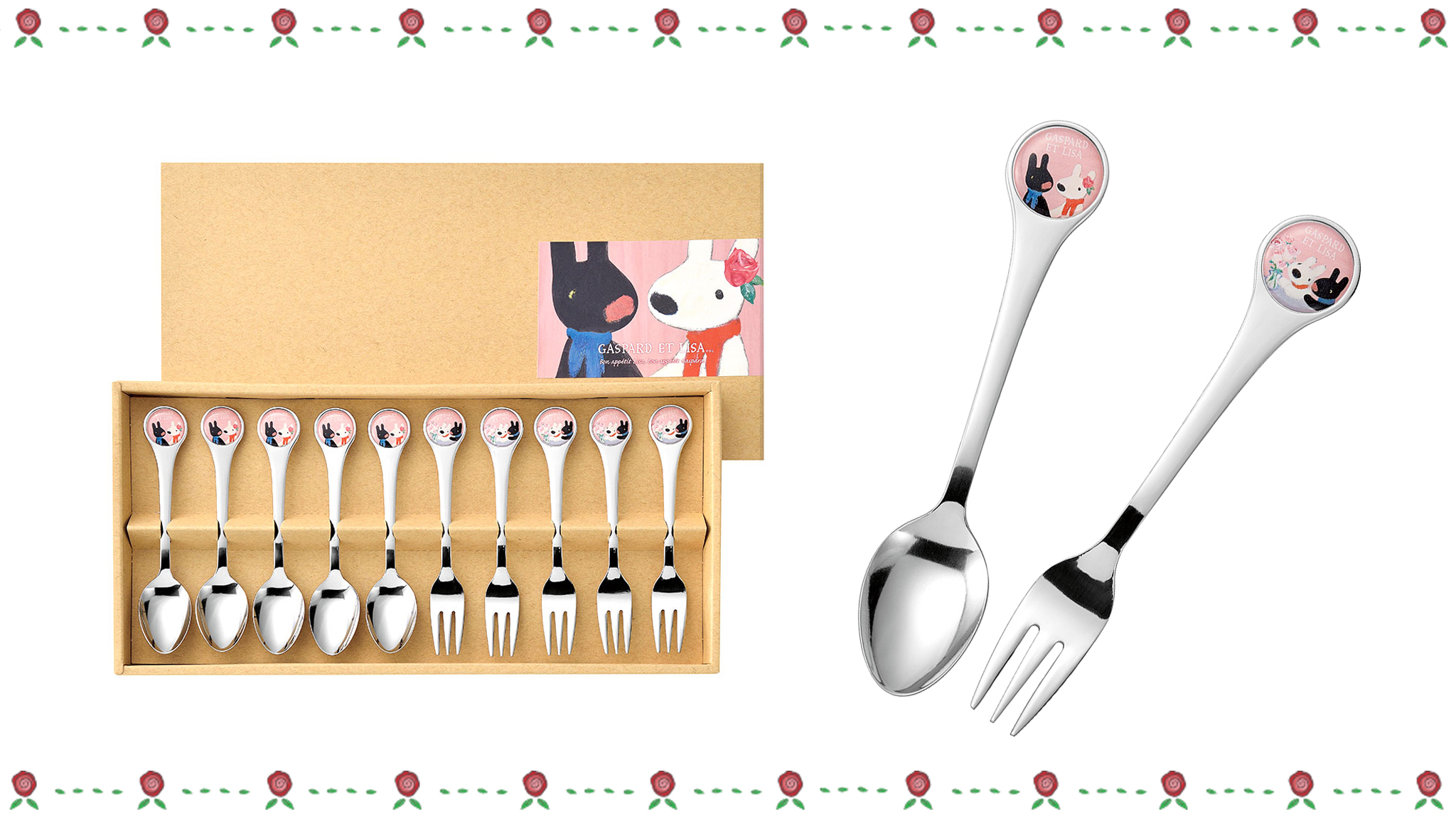 リサとガスパール オフィシャル グッズ情報 ティースプーン Amp ケーキフォークセット バラをテーマにした上品で可愛らしいデザイン リサとガスパールのイラストが入った箱とセットなので プレゼントにもおすすめです T Co Rb0xctoxbt