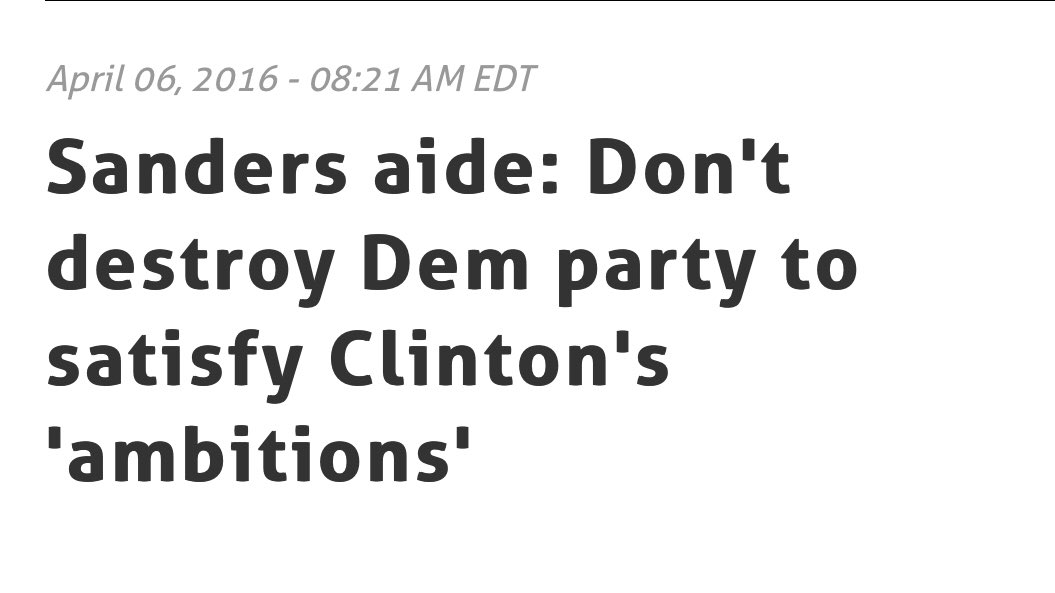 Bernie Sanders aide Jeff Weaver during the 2016 primaries warned that Hillary's "ambition" would "destroy the Democratic Party" (but never considered, apparently, that the left wing helping perpetuate sexist ideas about women candidates might hurt their party). 9/