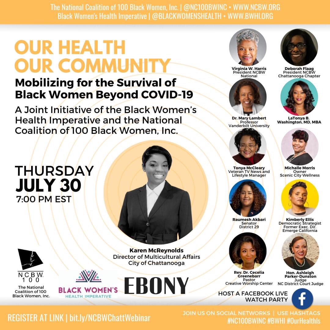 nc100bwinc's tweet photo. Our Health, Our Community webinar series continues and features this group of brilliant, dynamic Black women leaders!

RSVP today: https://t.co/ghtuckXt1Z

#NC100BWINC #BWHI #OurHealthIs #NCBWChattanooga https://t.co/1mG6nZ2llV