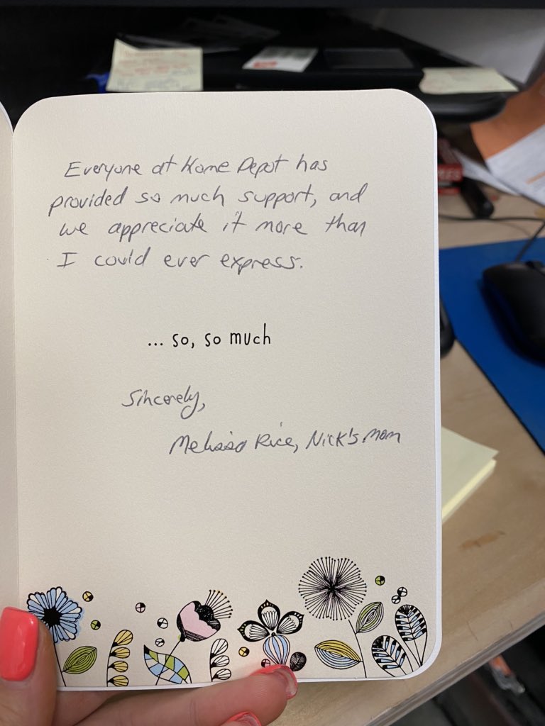 This made my day today. It also made me cry. We lost an associate over a year ago. I found something I thought the family should have. His mother wrote me back thanking me and our wonderful company for the support.  <a href="/HDNoblesville/">Home Depot Noblesville</a>