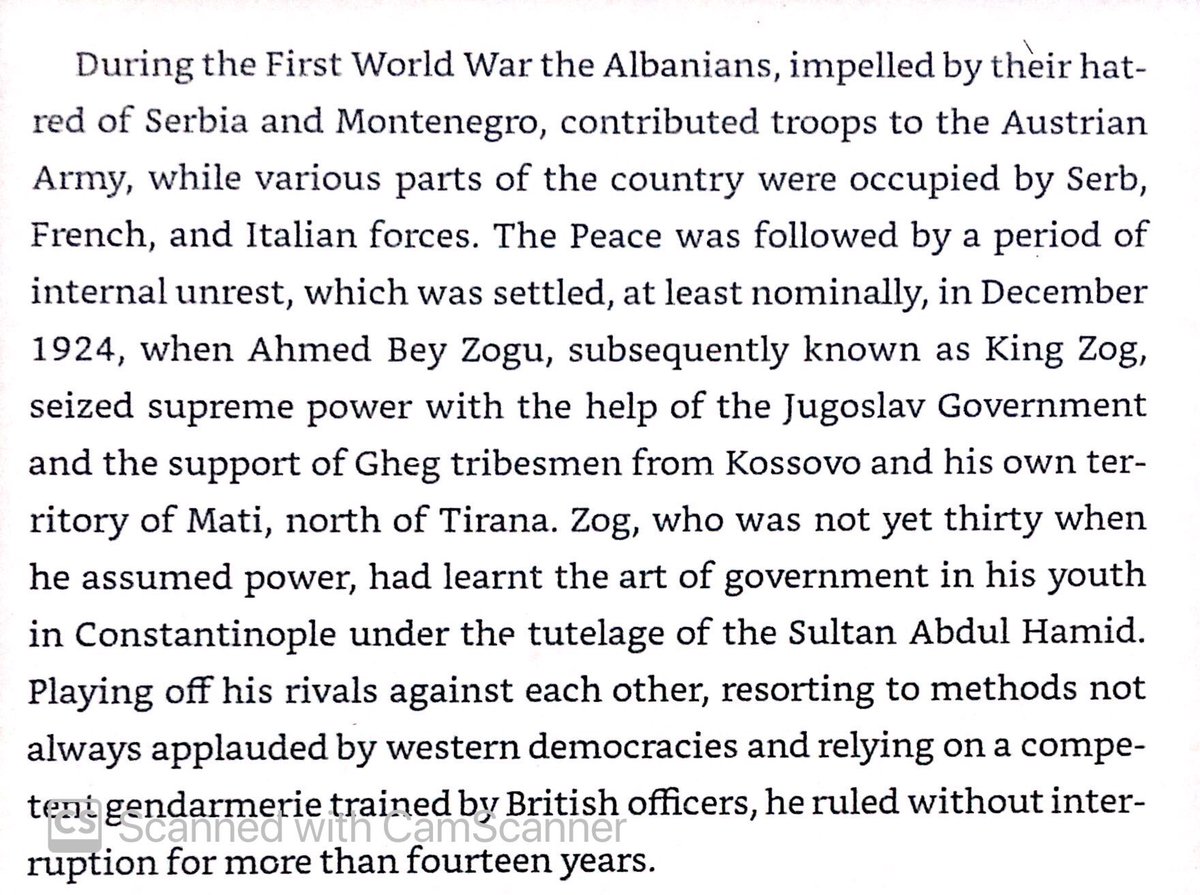 Albania aligned with Austria against their mutual Serb enemies in WWI, resulting in an Austro-Italo-Serb occupation. The postwar situation was chaotic, but King Zog was able to unify  in 1924 with support of Yugoslav government, his own northern territory & Gheg allies.