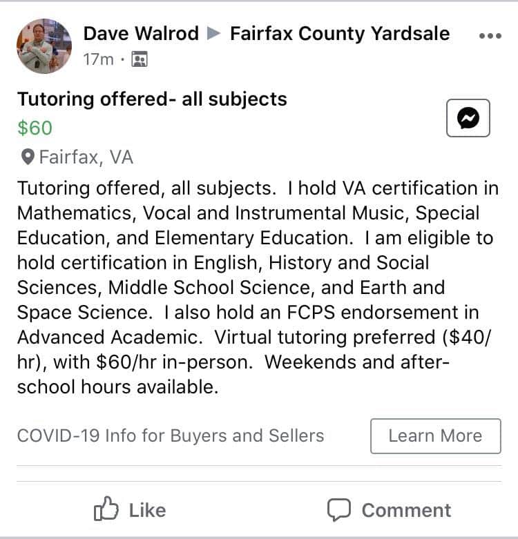 FCPS teachers advocate for school closures because they are afraid of Covid, then peddle their services to taxpaying parents for $$$ now that school is closed. This is fraud.  @ElaineTholen  @Karen4Schools  @Keys_Gamarra  @FCPSSupt  @RachnaHeizer  @Ricardy4Mason  @GovernorVA