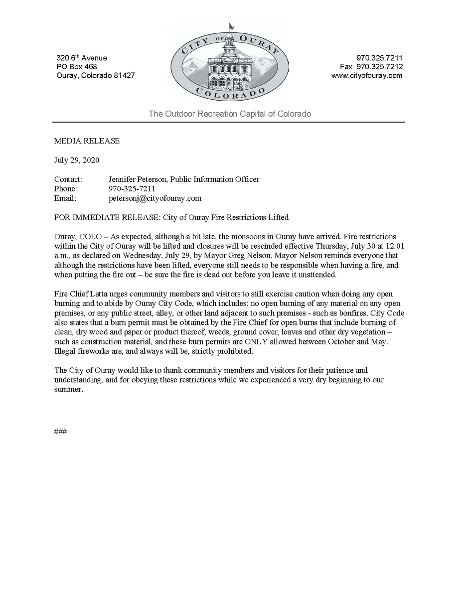 City of Ouray rescinds fire ban effective July 30 at 12:01 a.m.