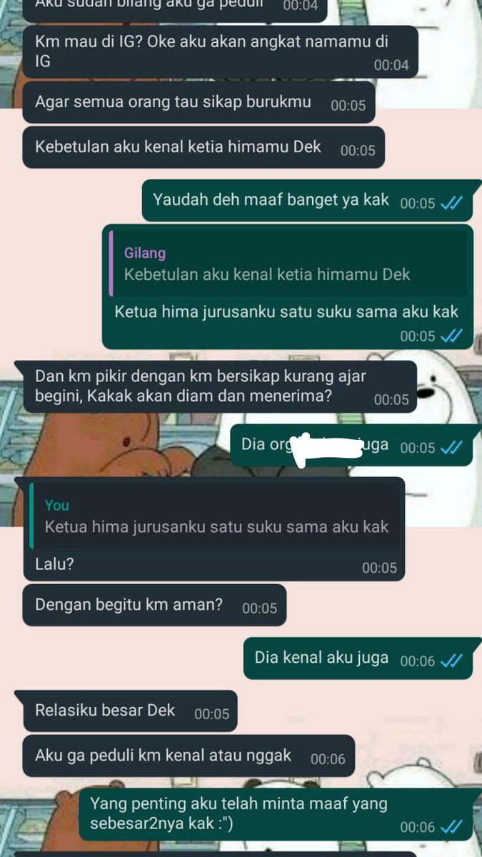 Felizersyhy's tweet photo. @m_fikris ini temenku di chat sm gilang jg, btw org itu pake bahasa baku benerrr😭, pake ngmg kenal ketua hima kampus segalaa. kaya dia gaterima sanggahan trs bakal memperpanjang kl ga minta maaf😌 https://t.co/ciR4xPrcAJ