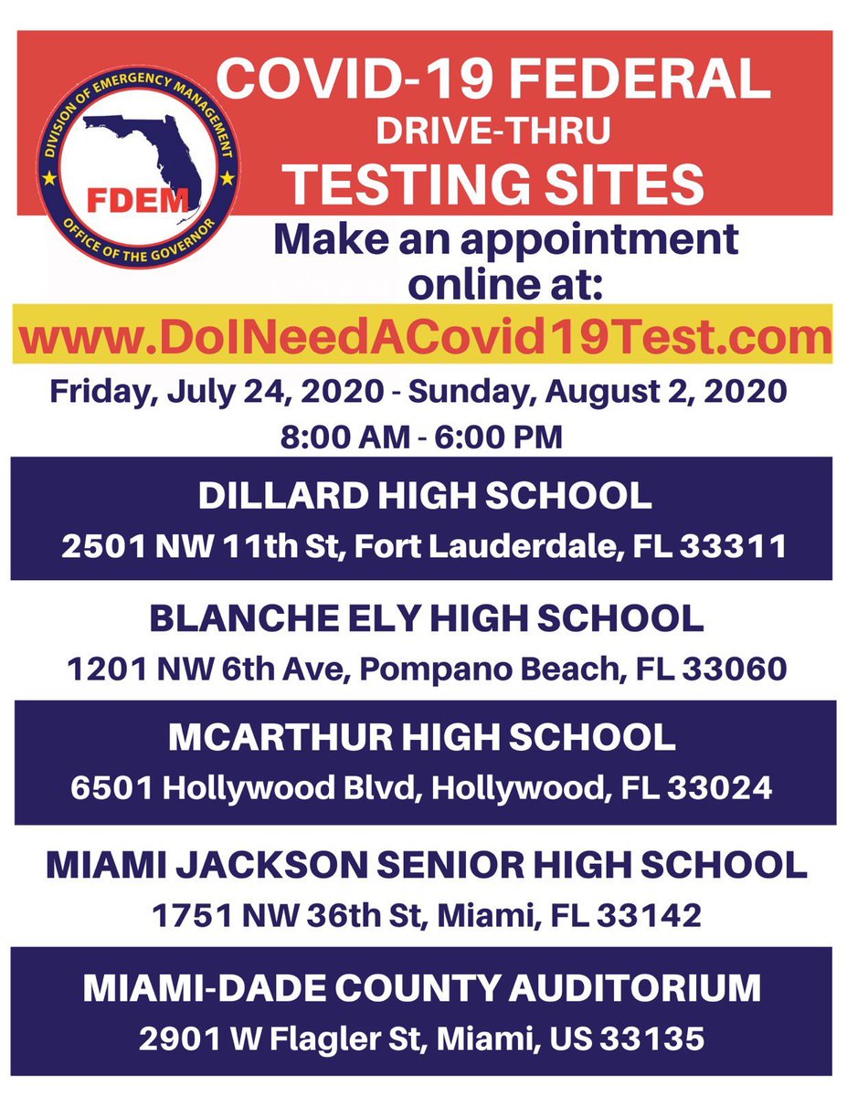 FloridaPIOs's tweet photo. 🔺ATTENTION South Florida

The Federal #COVID19 Testing Sites run by @FLSERT will temporarily close at 6 PM on Thu, 7/30 to prepare for the storm.  They are anticipated to reopen at the latest on Wed, 8/5 at 8 AM.  Follow this Twitter feed for the latest updates. https://t.co/Bsng1sAfID