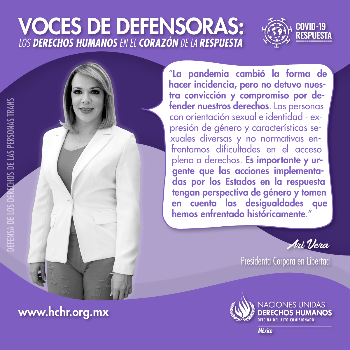 ONUDHmexico's tweet photo. Ari Vera, presidenta de @AlmasCautivas y Corpora en Libertad, alza la voz en defensa de los derechos de la comunidad LGBTI, y destaca que la respuesta a la pandemia debe estar acompañada de perspectiva de género y considerar las desigualdades.
#VocesDeDefensoras #ONUMxCovid19 https://t.co/01HLWcAsq3