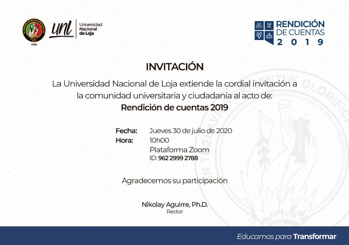 UNLoficial's tweet photo. Este jueves 30 de julio, desde las 10h00 a través de la plataforma zoom, la UNL realiza su Rendición de Cuentas 2019 ✅. 

📣 Nuestro rector, @NikolayAguirre, presentará los avances de nuestras funciones sustantivas => https://t.co/6XQktNYZg8 

¡Te esperamos! https://t.co/UXQEdu1PsS