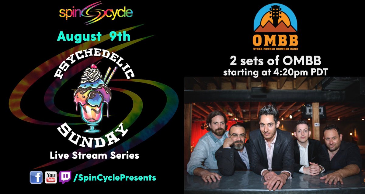 spincycletrip's tweet image. Sunday, August 9, 2020, join us for TWO awesome sets featuring:
Other Mother Brother Band - 4:20pm PDT

Live on: twitch.tv/spincycleprese…
facebook.com/spincycleprese…
youtube.com/spincycleprese…

#spincyclepresents #livestream #othermotherbrotherband #music #psychedelic #sunday #jambands