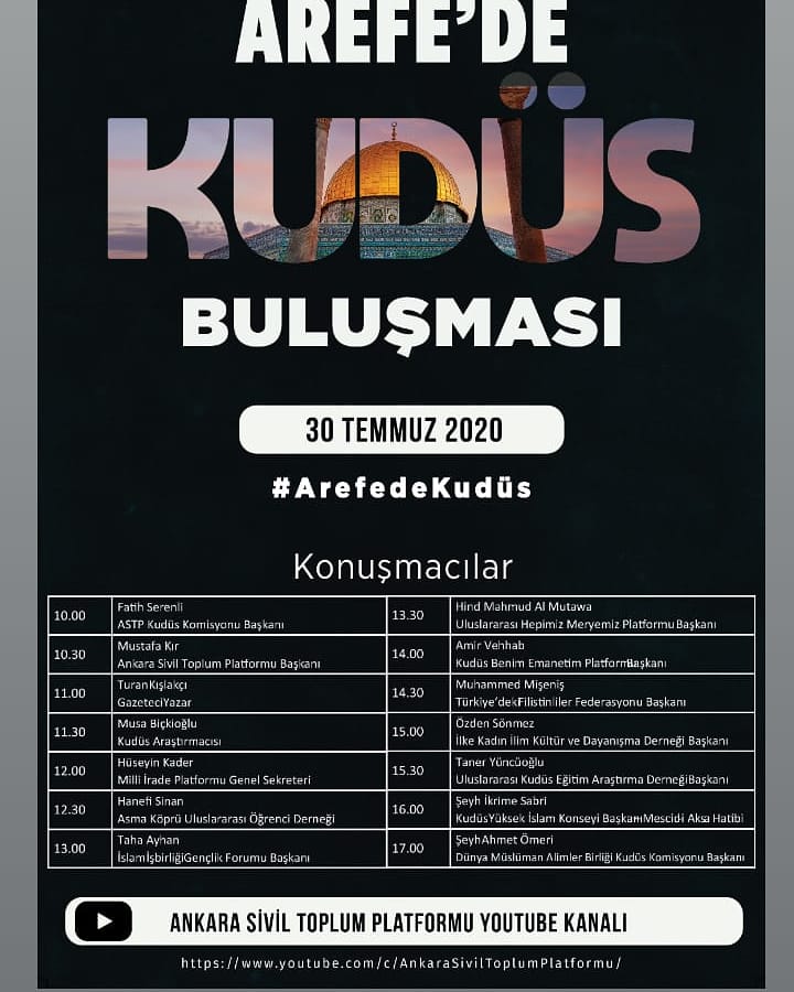 Arefe günü Kudüs'le manevî olarak olabilmek için hep birlikte sosyal medya ve canlı yayınlarda buluşmak dileğiyle...

 Arefede Kudüs'le buluşalım inşaAllah🌿
°Kudüs'le kalın