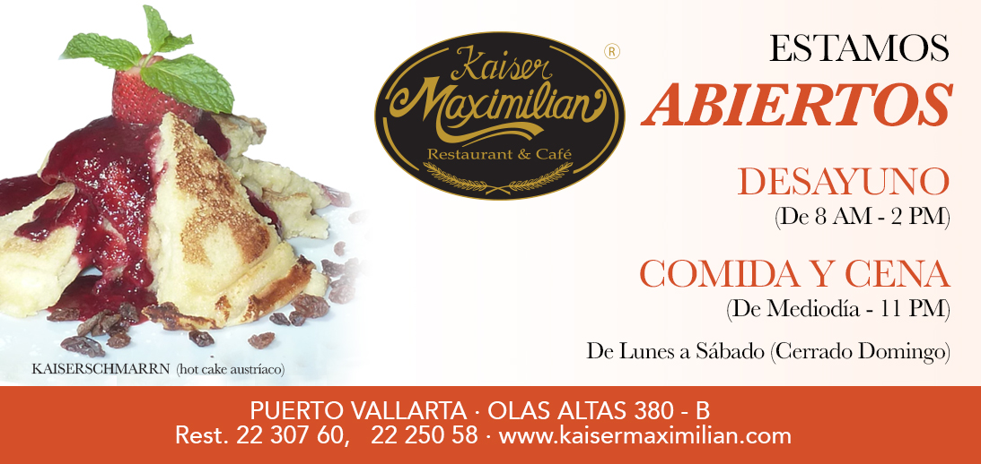 KaiserMaxPV's tweet photo. ¡Ya estamos abiertos!
Los esperamos para comer o cenar en Kaiser Maximilian.

Reserve en linea: https://t.co/2pW5csOlIt

#PuertoVallarta #FelizMiercoles https://t.co/tQrB2fa7Dv