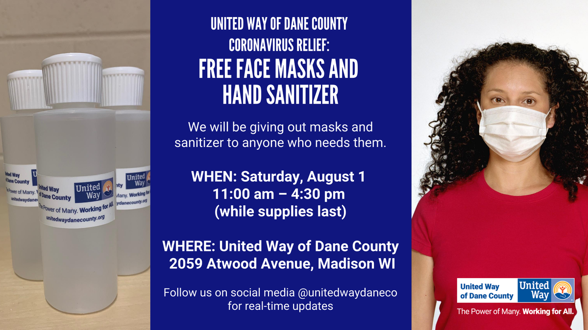 unitedwaydaneco's tweet photo. #PowerofManyWorkingforAll #unitedwayofdanecounty #PPE #madisonwi #madisonwisconsin #danecounty #wisconsin #maskupmadison #maskupdane #masks #handsanitizer https://t.co/4JUl9i1V3K