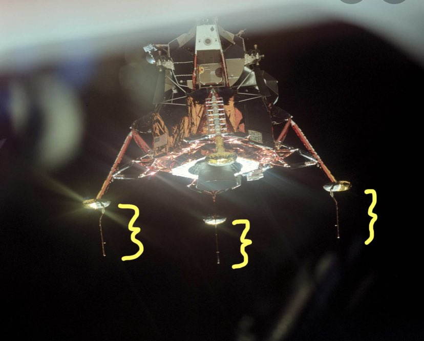 Look for the shadow of the Lunar Module’s rear landing gear footpad. It will appear near the top at 2:44 (?) and move down. See if you can spot the shadow of the Soil Contact Probe. These probes are how they could tell they were almost at the ground, despite the opaque dust.