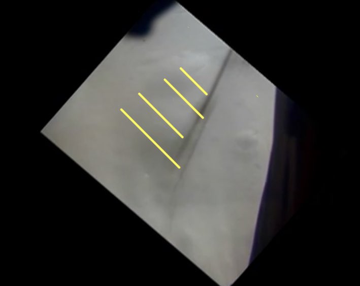 4) You can actually see TWO shadows of the same footpad. (This is easier to see as the video is moving.) See if you can see them both. Can you guess why there are two? What are all the things we can learn about the blowing dust from this? Brainstorm a little! 