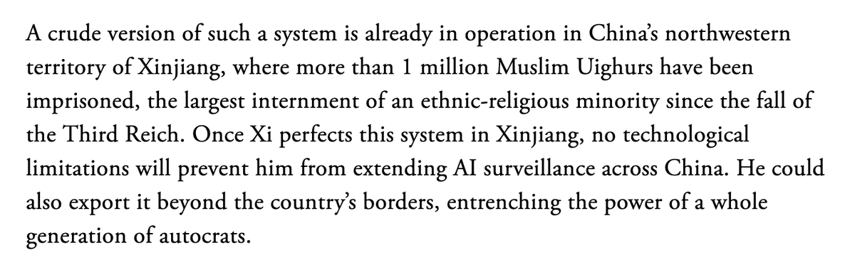 First, the idea that the surveillance state was born + built in Xinjiang, & is now being exported, is wrong. These systems were pioneered in the urban east. Xinjiang was *behind* the curve -- and then leapfrogged. Very different story than presented here. 2/n