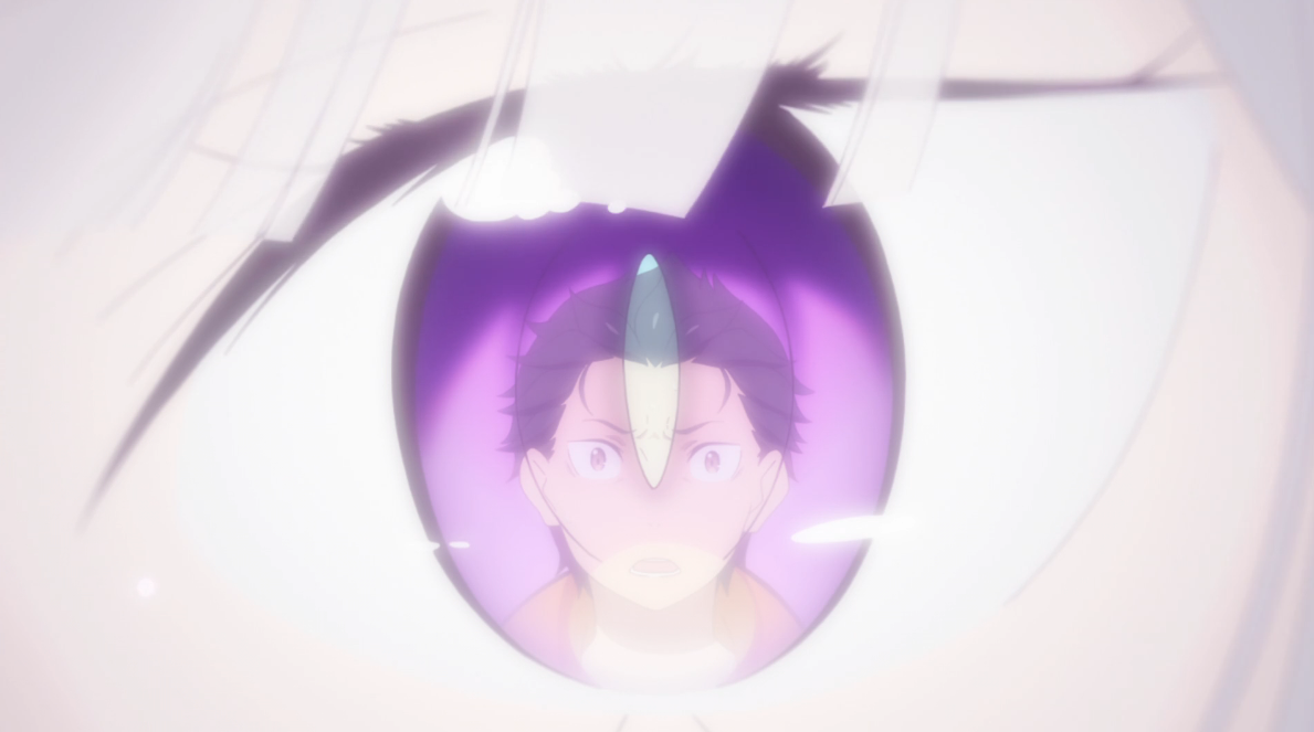 But he's moved past that now, and Emilia, instead of being his objectified heroine, has become his main motivation to become a better person, rather than the special "hero". The mood changes from here as Subaru truly opens up.Also, I adore Re:ZERO's eye reflection close-ups.