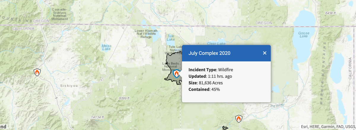 halterproject's tweet image. Vicinity of Canby, CA #JulyComplex fire: 
Incident Type: Wildfire
Updated: 1:13 hrs. ago
Size: 81,636 Acres
Contained: 45%
For updated information: inciweb.nwcg.gov/incident/6881/  @ModocNF