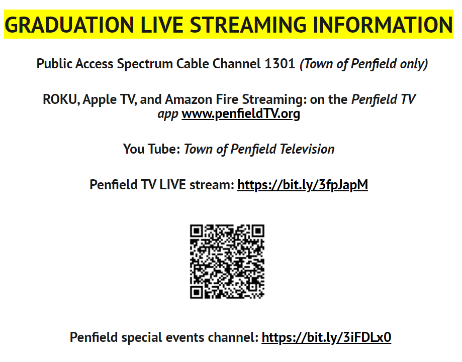 penfield2020's tweet photo. Check out the live streaming info for the Frontier Field graduations! 6-7 pm (A-K) &amp; 8-9 pm (L-Z) on 7/30. Graduates choosing FF be sure you pick up your envelope at PHS by NOON Thursday! You need the ticket to get in the ceremony and the parking pass if parents are driving you. https://t.co/z0JBTexLw0