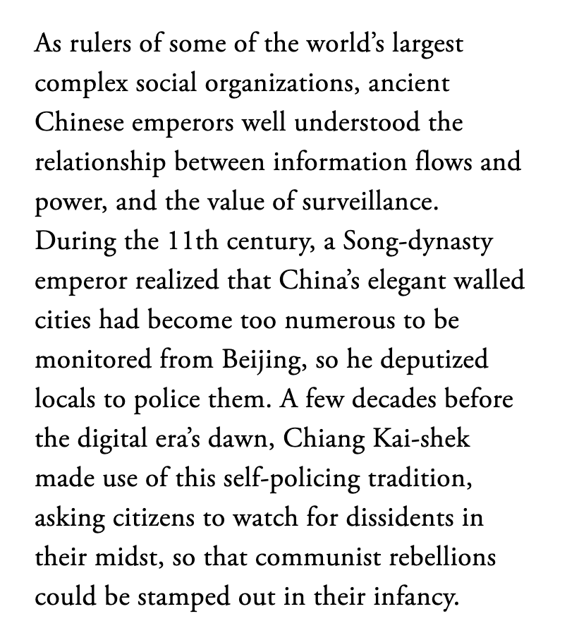 Second, presenting China as unbroken arc of info + control is weird, esp Chiang Kai-shek. My first book talked about how Chiang *didn't* effectively use baojia, etc to manage the threat of communist rebellion--which is why he lost control of mainland China? 3/n