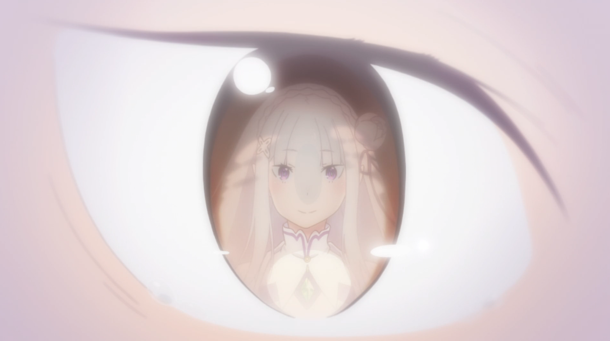 But he's moved past that now, and Emilia, instead of being his objectified heroine, has become his main motivation to become a better person, rather than the special "hero". The mood changes from here as Subaru truly opens up.Also, I adore Re:ZERO's eye reflection close-ups.