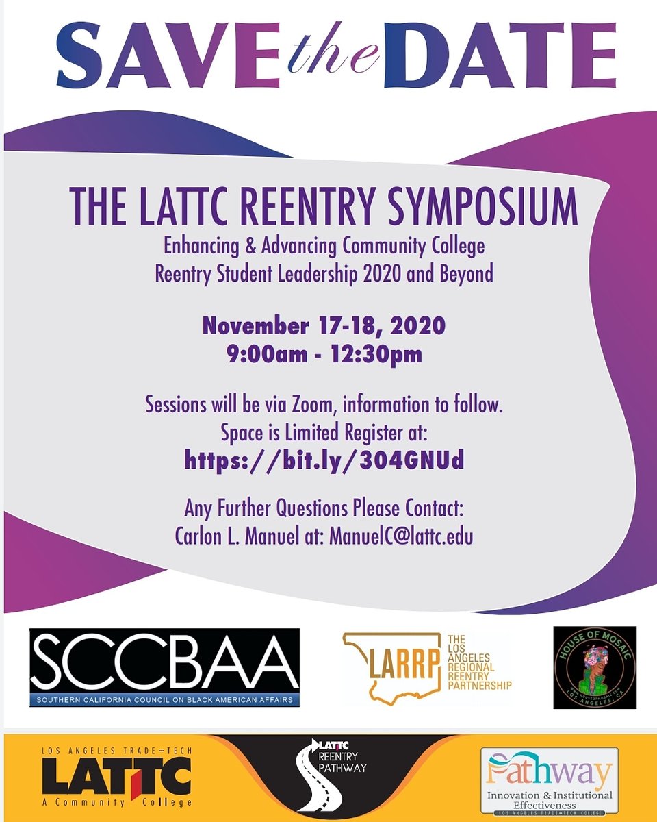 CarlonManuel's tweet photo. LATTC REENTRY SYMPOSIUM
November 17-18, 2020
Register Today!!!...
#HouseOfMosaic #LATTC #welcome_home_sis #scc_baa #Prop47 #Prop64 #Veterans #LAPubDef...#welcome_home_sis...#FormerlyIncarcerated...#LARRP...#SecondChances...#ReduceRecidivism...#Reentry...#ARC...#TimelistGroup... https://t.co/vCXe1EVezR