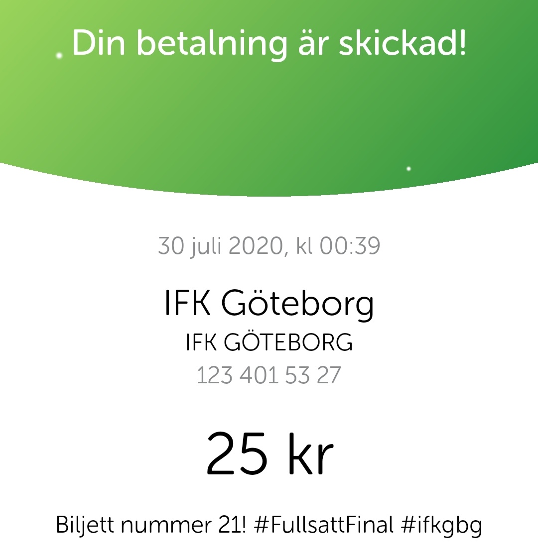 DanAhlman's tweet photo. Biljett nummer 21, Black Jack, vinst, seger, jackpott! Vinn Blåvitt, bara vinn! #FullsattFinal #ifkgbg https://t.co/K5xzi9RIgK