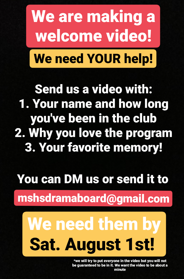 mshsdrama's tweet photo. Help us make a welcome video to our club! #MSHSDrama https://t.co/NQjKZpLZb5