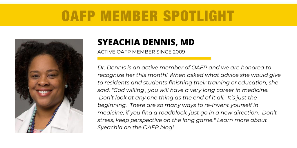OKFamilyDocs's tweet photo. This month the #OAFP would like to recognize Syeachia Dennis, MD! Dr. Dennis has made a huge impact as a #familyphysician and we are honored to have her support. To learn more about Syeachia you can read her full spotlight on the OAFP #blog here https://t.co/BAoPQhZ762 https://t.co/HpbzAc8Bxk