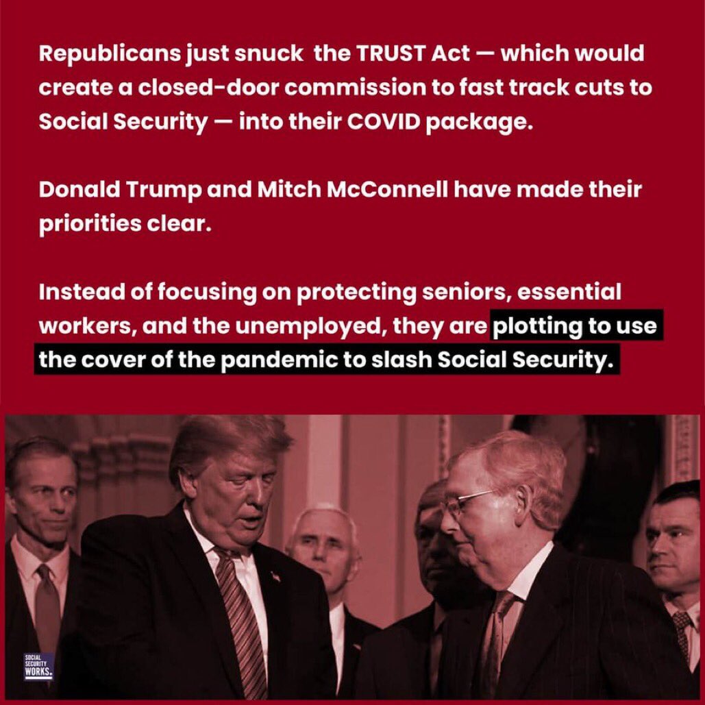 @senatemajldr The house finished a bill two months ago while you guys sat on your hands and did nothing the American people are not fooled by you we know exactly what’s going on you and Trump are going to be fired come November! & Going out for Social Security and Medicare not gonna happen!