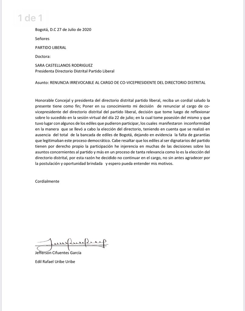Juancamcfly's tweet photo. Digna decisión del colega #JeffersonCifuentes H.Edil de Rafael Uribe @PartidoLiberal que ante lucha de #BancadaDeEdilesLiberalesBogtá renuncia al ilegitimo #DirectorioDistrital el cual #NoReconocemos @manolitosalazar @lasillavacia @ConcejoDeBogota @German_garciaM @gordillo_luz https://t.co/A5jlD91Hkz