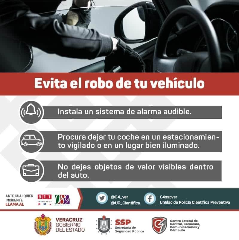 911_Veracruz's tweet photo. #TipsC4Ver Toma en cuenta las siguientes recomendaciones y evita el robo de tu vehículo. 🚗
Ante cualquier incidente comunícate a la línea #911Emergencias ☎️ ¡Se encuentra disponible las 24 horas! https://t.co/03Is1hKEN9