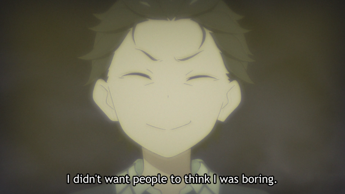 That phase was particularly bad for Subaru because of the father he had to live up to. That's why he took on his boisterous personality & amplified it, looking for attention. I love this sequence as it contextualizes well his personality and over-the-top attitude throughout S1.