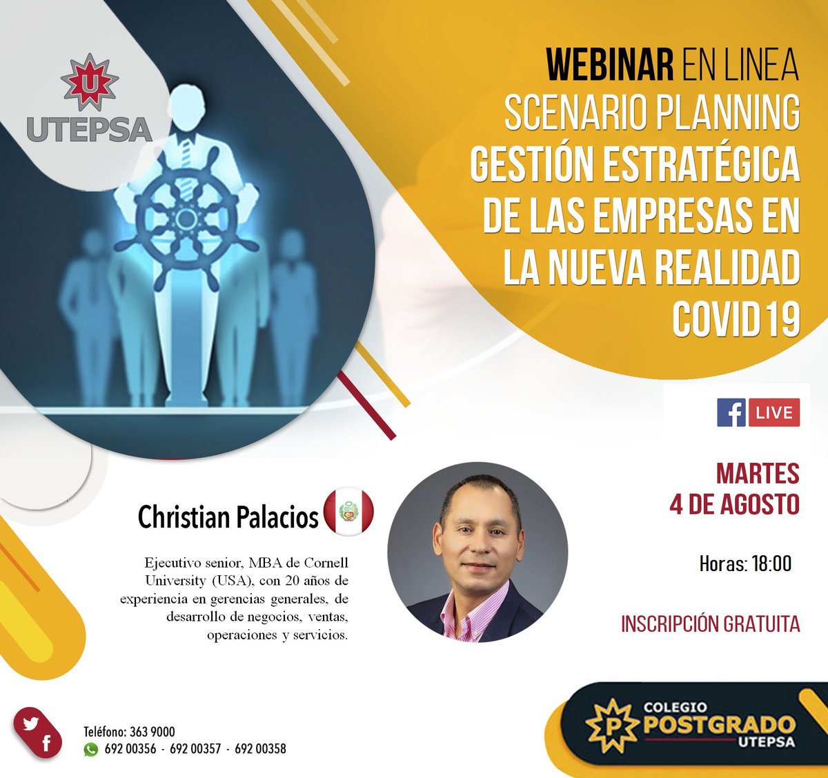 postgradoUtepsa's tweet photo. #UTEPSA Y el COLEGIO DE POSTGRADO los invitamos al webinar Internacional. 
Fecha: 29 julio 2020 
Bolivia a las 18:00 
Perú a las 17:00

Inscríbase en: 
https://t.co/qRxjke46Oo  
Luego de la inscripción, recibirá un correo electrónico de confirmación. https://t.co/dbvuxNKsgO