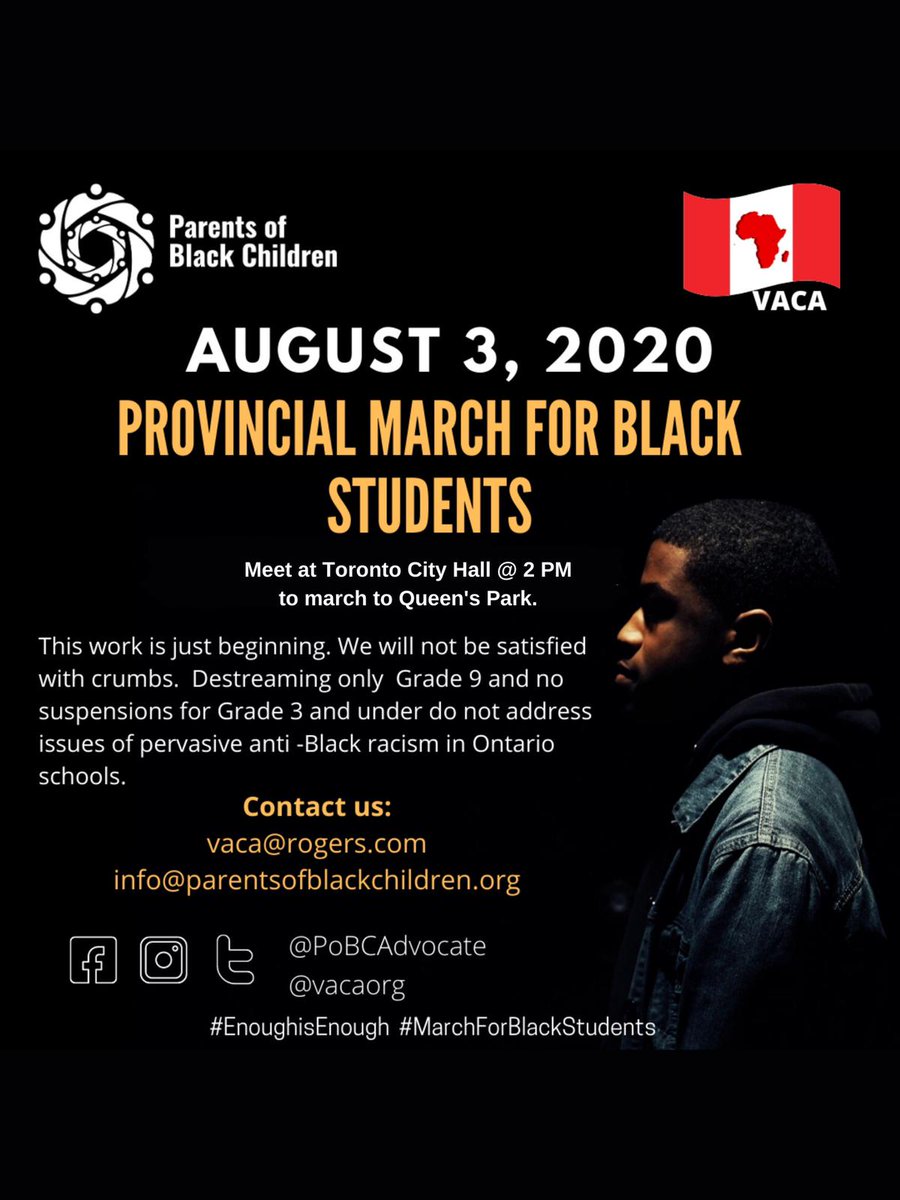 "Please join BFCN on Monday, August  3 @ 2:00pm at Toronto City Hall to March for Black Students &amp; support PoBC &amp; VACA. Let's walk together &amp; let the province know changes are needed for Black children to have a fair chance in our Education system." marchforblackstudents.com
