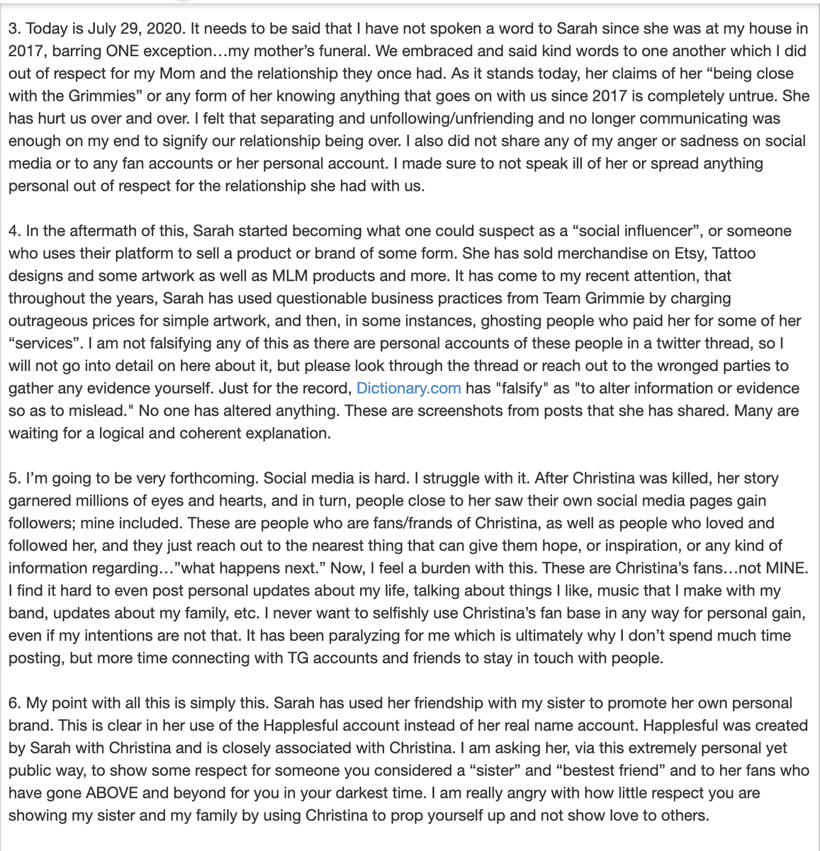 CVGUpdates's tweet photo. Christina's brother, Mark @notmarkgrimmie, addresses Sarah "Happlesful" and her problematic behaviour.

Team Grimmie, lets peacefully clear ourselves away from her and her association with Christina 💚 https://t.co/WhSlqGyZnB