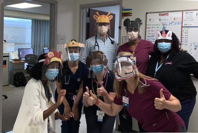 WakeMed's tweet photo. “Masks are helpful protection, but it’s important to protect or staff’s eyes, especially when caring for babies &amp; toddlers who are too young to wear masks. Medical student, Noha Sherif, designed decorations for our shields to make visits more fun for our patients!”- Dr. Dow-Smith https://t.co/DoSN2reNqd