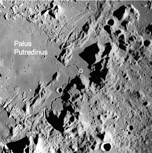 This one shows the landing site marked with a small circle. Imagine being in the Lunar Module, flying tail-forward so the engine slows you down. Then you “pitch over” and get this view of that rille in the distance. Later you drive to it. It must have caused extreme wonder. /end