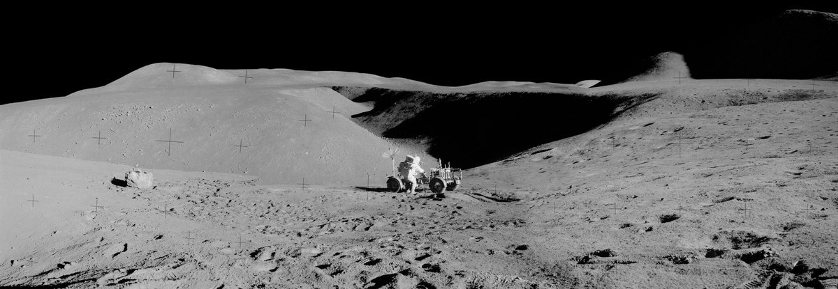 This one shows the landing site marked with a small circle. Imagine being in the Lunar Module, flying tail-forward so the engine slows you down. Then you “pitch over” and get this view of that rille in the distance. Later you drive to it. It must have caused extreme wonder. /end