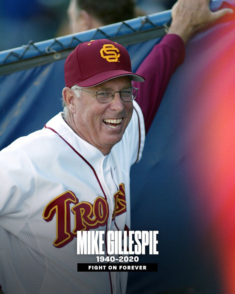 #FightOnForever Skip ✌️

The #TrojanFamily and college baseball world lost a giant today with the passing of legendary coach Mike Gillespie.

He led USC for 20 years, guiding the Trojans to a 1998 National Championship, 4 CWS berths, 5 Pac-10 titles and 763 wins.
