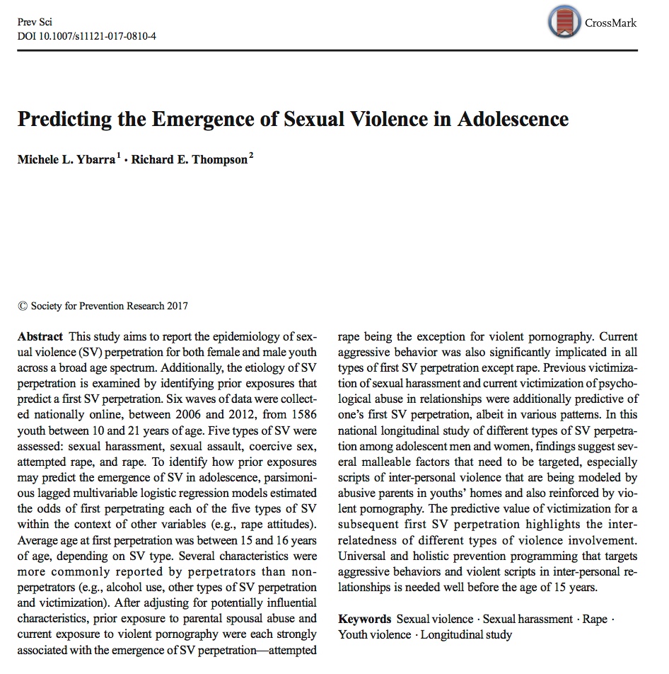 MichaelGLFlood's tweet image. Pornography feeds sexual violence: A US longitudinal study based on 6 waves of data over 2006-2012 among youth aged 10-21 finds that current exposure to violent pornography was strongly related to the emergence of sexual violence perpetration (Ybarra &amp;amp; Thompson, 2017).