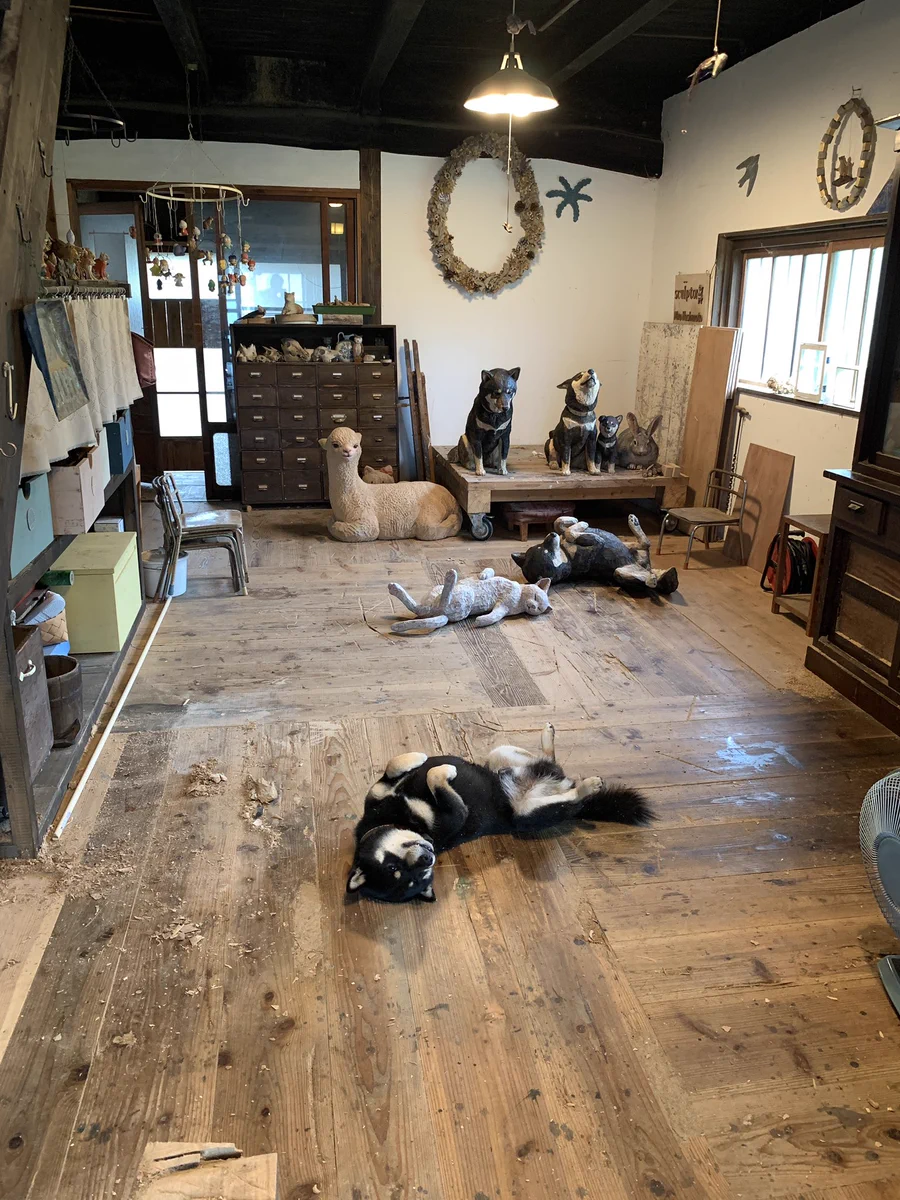 部屋に溢れた木彫りの動物彫刻！作品にまぎれる作家の愛犬ww