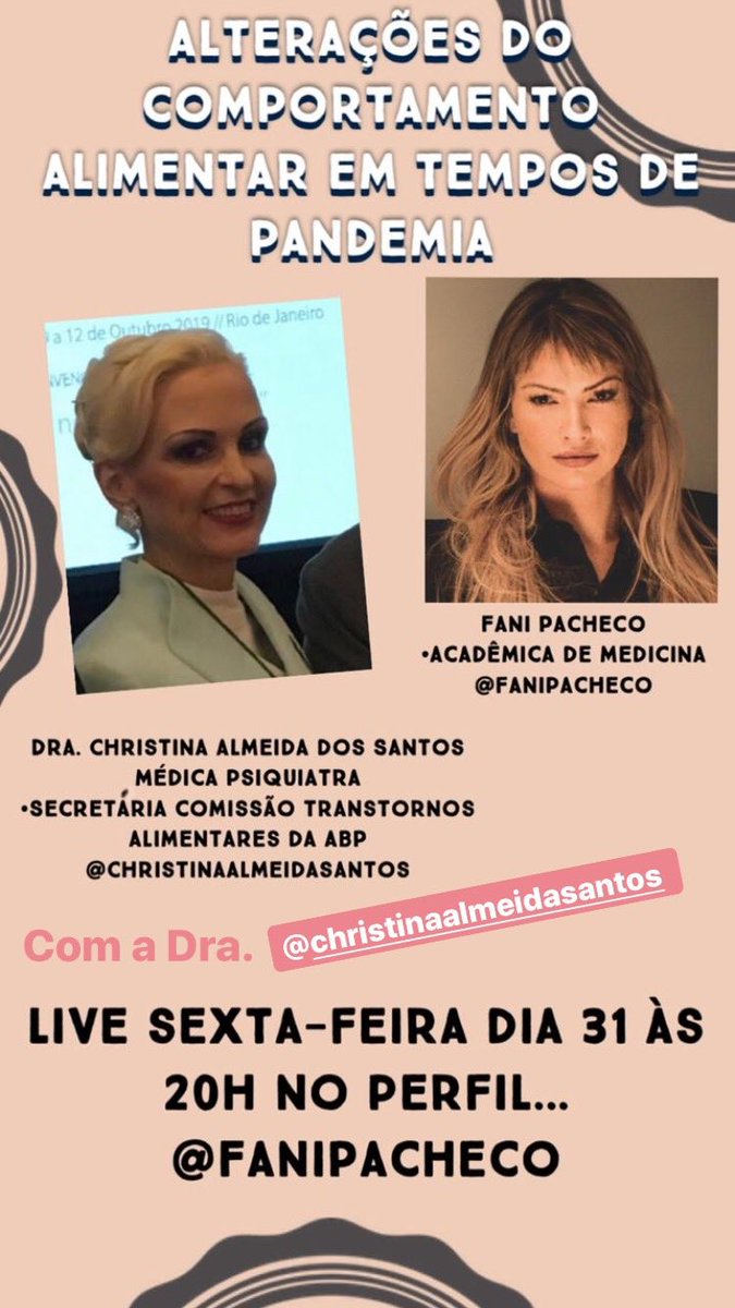 FaniPacheco's tweet photo. Faço um convite a todos para sexta as 20:00 no Instagram. Live com a grande Dra. Christina Almeida Dos Santos sobre comportamento alimentar em tempos de pandemia.
#ambulim #astralbr, #transtornosalimentares, #compulsaoalimentar, #comeremocional #covid19 #quarentena #pandemia https://t.co/9kXcaHwe9s