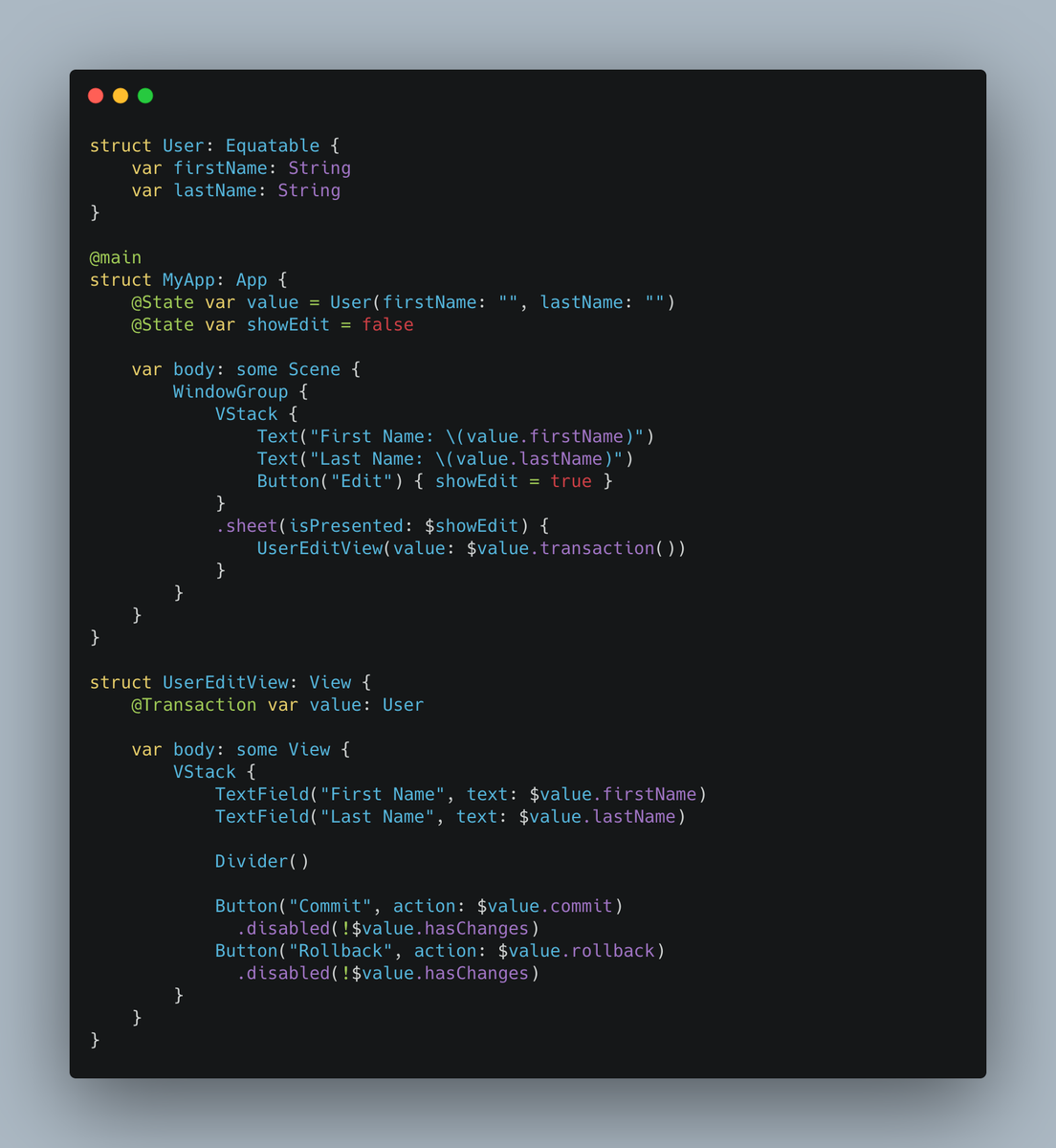 #SwiftUI property wrapper to deal with transactional data changes. Full code at: gist.github.com/IanKeen/a85e4e…